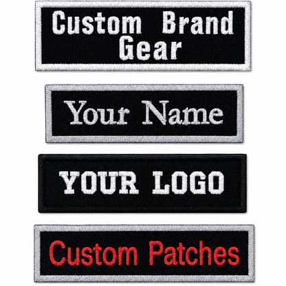 Four rectangular embroidered patches on a white background, each with a black center, silver border, and white text reading placeholder customization options: 'Custom Brand Gear,' 'Your Name,' 'YOUR LOGO,' and 'Custom Patches.'.