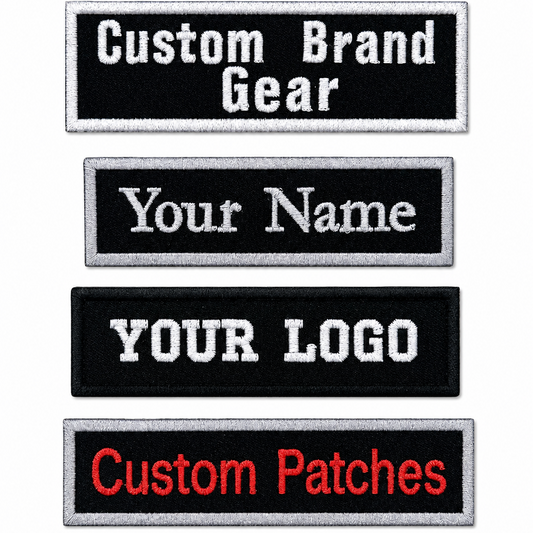 Four rectangular embroidered patches on a white background, each with a black center, silver border, and white text reading placeholder customization options: 'Custom Brand Gear,' 'Your Name,' 'YOUR LOGO,' and 'Custom Patches.'.